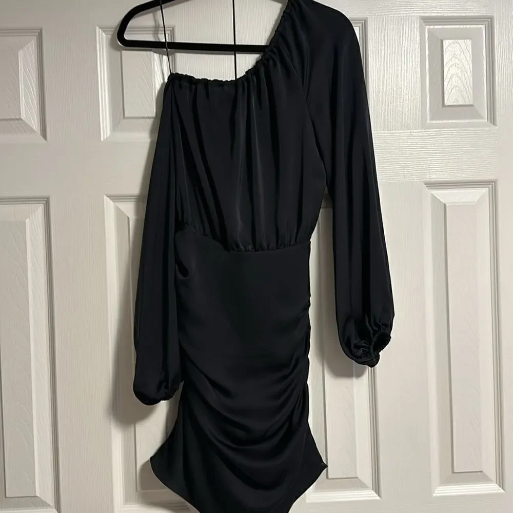 RAMY BROOK Louisa Long Sleeve Black One Shoulder Satin Mini Cocktail Dress Siz 4